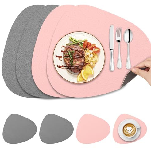 Set de Table, Set de Table Lavable, 4 Set de Table en Cuir et 4 Dessous de Verre, Double Face Sets De Table Antidérapant Et Imperméable,Dessous De Table Cuir Chaleur Résiste, aux Cuisines domestiques