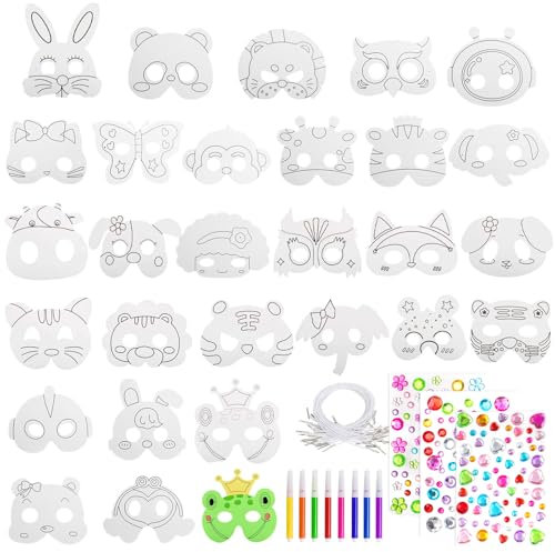 Getyjoe Masken zum Ausmalen für Kinder 28 Stück Blanko Papiermasken Tiermasken zum Bemalen Kin der DIY Masken Kinder mit 8 Aquarellstifte und 3 Blatt Strasssteine Selbstklebend für Ostern Weihnachten