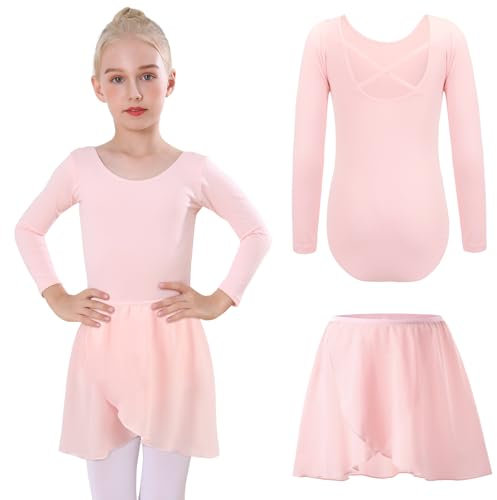 Bezioner Body Danza Classica Bambina con Gonna Rimovibile Vestito da Balletto Gonnellino Danza Manica Lunga Rosa 100 (3-4 anni,100-110 cm)