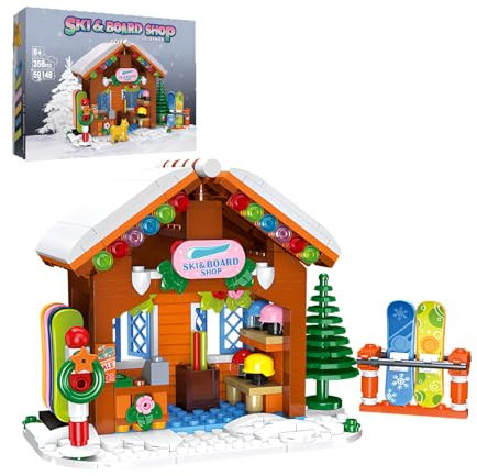 Fuleying Weihnachten Ski Board Shop Bausteine Bausatz, Xmas Straßenansicht Architektur BAU Klemmbausteine für Erwachsene Jungen Mädchen, DIY STEM Spielzeug, Idee Geschenk Party Favor, 315 PCS