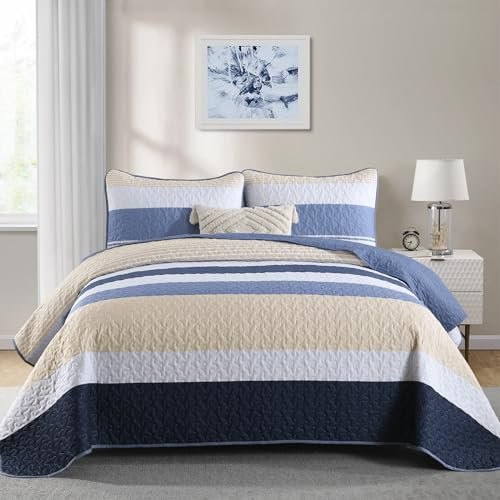 WONGS BEDDING Tagesdecke 240x260 Blau Schlieren Bettdecke 3 teilig Doppelbett Gesteppt Bettüberwurf Mikrofaser Wohndecke mit 2 Kissenbezug 50x75 für Schlafzimmer Sofaüberwurf