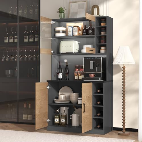 Gegtuon Küchenschrank Hochschrank aus Holz mit LED-Licht, Buffetschrank Küchenbuffet mit Türen und Verstellbaren Ablagen, Regal Vitrinenschrank für Wohnzimmer Esszimmer, 187x100x47 cm (Grau&Natur)