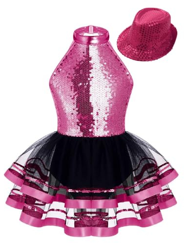inhzoy Vestito da Pattinaggio Artistico Bambina con Cappello di Paillettes Abito tutù Danza Ballerina Body Danza Classica Ginnastica Ritmica Costume da Ballo Latino Americano