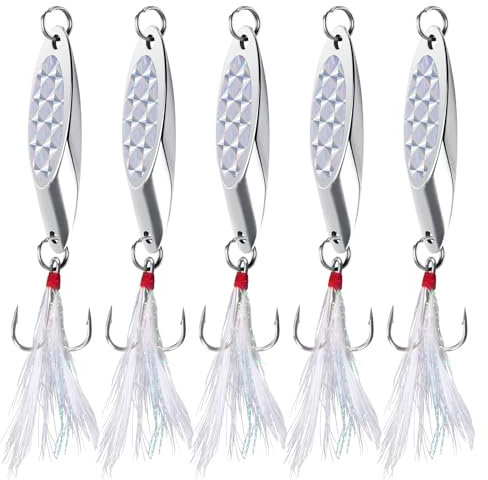 Alwonder Sea Fishing Spinners Lures Dexter Wedge Spoons Metal Jig Spoons Feather Treble Hook with Flash Foil Long Cast for Bass Cod Mackerel Boat Kayak Fishing 60g