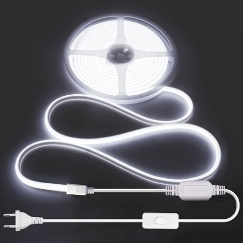 ALITOVE 5M Kaltweiß 230V LED Band Aussenbereich Wasserdicht mit Schalter | 6000K, LED Streifen 230V Direktanschluss, COB 288LEDs/m, Ideal für Garten Terrasse Bad und DIY-Projekte, Nicht Dimmbar