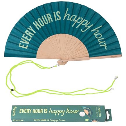 FISURA – Original Folding Handheld Fan with Fun Message “Every hour is a happy hour”. Wooden Folding Fan for women. Green Design with Hanger for Wedding, rave, festival. Size: 42.5 x 23 cm