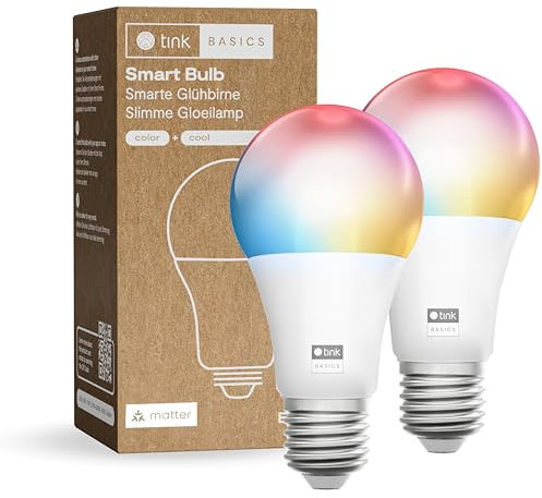 tink Basics Smarte Glühbirne E27, WLAN LED Lampe RGBWW, Weiß & Farbe, dimmbar, 16 Millionen Farben, 806 lm, Sprachsteuerung mit Alexa, Google Assistant, Apple Home (E27, 2, stück)