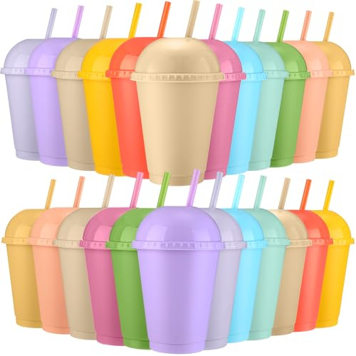 Hsei Lot de 24 gobelets en plastique pailleté avec couvercles dôme et pailles réutilisables de 473 ml – Gobelets colorés pour eau froide – Gobelets de voyage pour anniversaire, enterrement de vie de