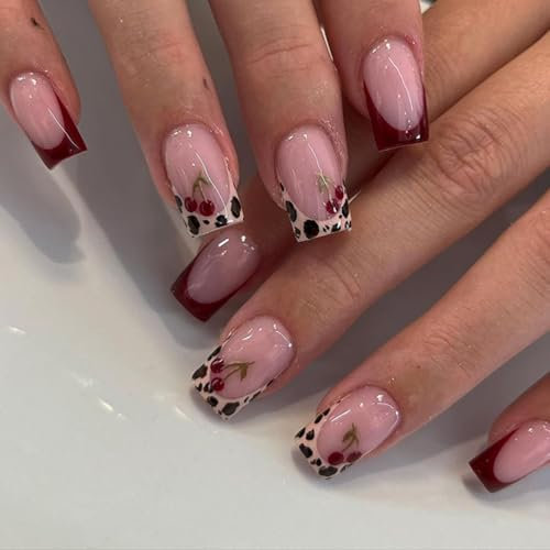TELAIN Pink French Press On Nails, short squares with leopard print French tip design, reusable, 12 sizes - 24 nail studio quality nail kit, gift for women