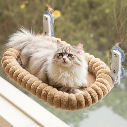 EDAGNY Stylish Cat Window Perch Foldable with Removable Reversible Cover for Sunbathing and Viewing - Cat Window Hammock Bed Sturdy with 4 Strong Suction Cups Holds up to 18kg (Brown, M)