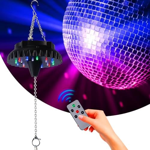 Disco Ball Motor Light with Remote: Rechargeable Battery Operated Rotating Hanging Mirror Ball Motor with Adjustable Speed - 18RGBW LED Light Up 4 6 8 12 inch Party Disco Balls Rotator