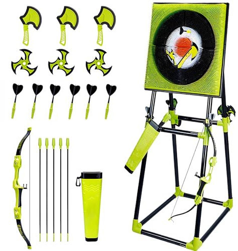 Axe Throwing Game Set - Target Game with Collapsible Stand, Includes 3 Target Axes, 3 Triangle Darts, 6 Darts, and 5 Bow & Arrows for Indoor/Outdoor Play