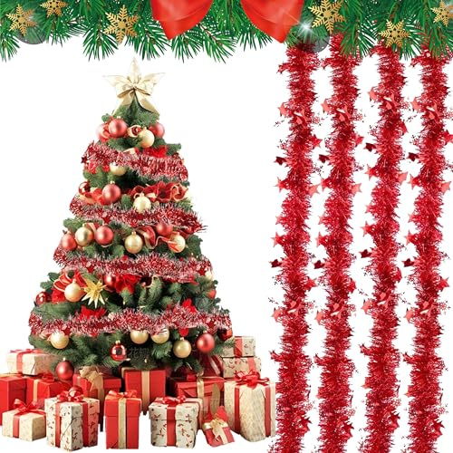 JAADU Espumillón Árbol de Navidad 10 Piezas, 2M Oropel Navideño Decoración, Adornos de Navidad para Decoración Interior y Exterior (Rojo)