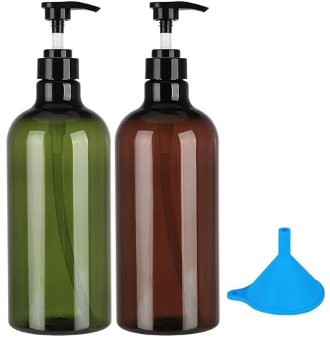 Pump Bottle Dispenser,2 Pcs Refillable Empty Press Pump Bottles,Refillable Plastic Empty Pump Bottles Dispensers with Funnel and Label for Lotions,Conditioner,Shampoo