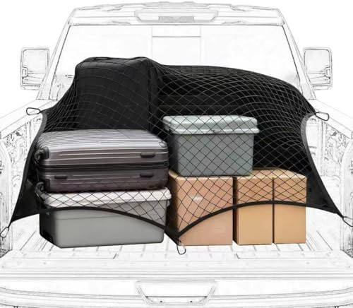 Highly Elastic Cargo Net, Pick-Up Truck Load Bed Mesh Organizer for Luggage, Tools & Sports Gear, For Van Roof or Rear Boot, 6 Carabiner Hooks, 1 × 1.2 m Stretches to 2 × 2.3 m