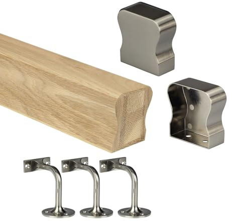 Oak HR Wall Mounted Handrail Kit Oak Handrail with End Caps & Wall Brackets - Chrome, Black, Nickel - 1800mm 2400mm 3600mm 4200mm Lengths (Brushed Nickel, 2400mm)