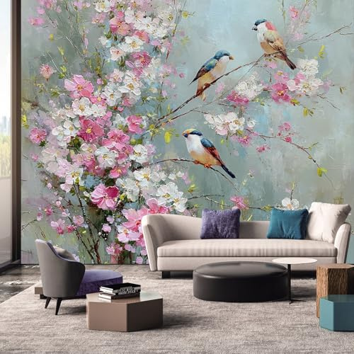 Générique Papier Peint Panoramique Fleurs et Oiseaux - Papier Peint Rose et Blanc Fleurie - Deco Chambre Salon - Fresque Murale - Wallpaper - 310x250 cm A-4351