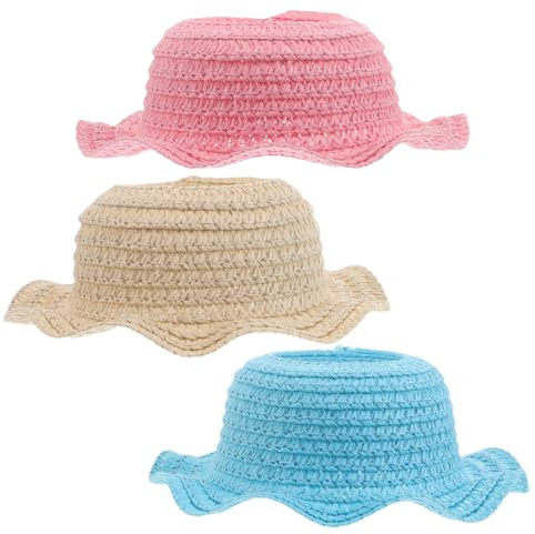 HOMSFOU 3 Stück Pack Handgewebte Miniatur Strohhüte 17cm Kleine Puppen Sonnenhüte aus Atmungsaktivem Stroh für Selbstgemacht Bastelarbeiten und Puppenkostüme