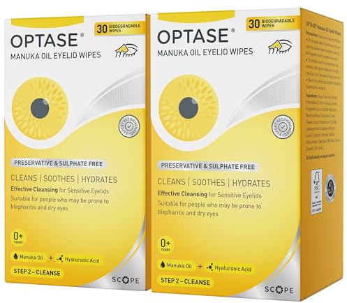 Optase Manuka Oil Eyelid Wipes – Effective Cleansing with Antibacterial Action - Preservative Free – Biodegradable Wipes - Cleans, Soothes, and Hydrates Sensitive Eyelids - 2 x 30 Pack