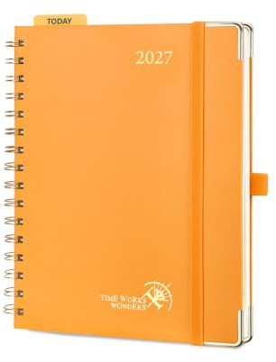 POPRUN Kalender 2027 Wochenplaner Vertikal A5(21 x 15,5cm) Spiralbuch | Hardcover,(Jan.2027-Dez.2027),Planer 1 Woche 2 Seite,(Montag - Sonntag),mit Plastiklineal,100 GSM Papier(Orange)