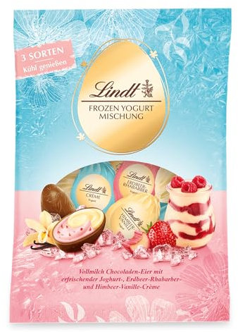 Lindt Schokoladen Joghurt Eier Mix | 3 x 140 g | Vollmilch Joghurt Eier, 3 Sorten: Himbeere-Vanille, Erdebeer-Rhabarber, Joghurt-Creme | Oster Schokolade | Schokoladengeschenk | Ostereier | Schokoeier