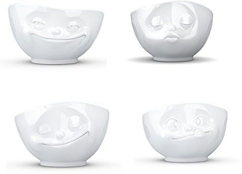 Fiftyeight Products TV Tassen Schalen 4er Set je 500ml : GRINSEND, KÜSSEND, LECKER, GLÜCKLICH