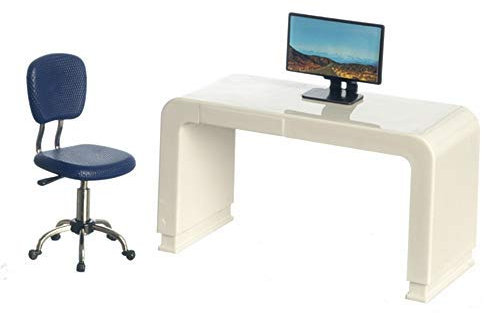 Melody Jane Puppenhaus Weiß Computer Schreibtisch Blau Drehstuhl Modern Büro Möbel Set