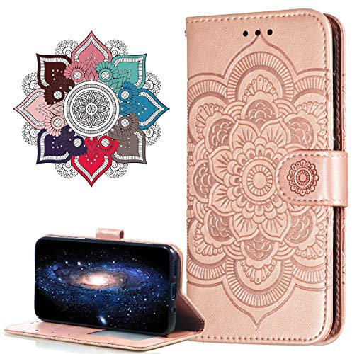 MRSTER Flip Case for iPhone 11 Pro PU Leather Wallet Closure Embossed Shockproof Cover with Kickstand Card Slots Holder for Apple iPhone 11 Pro 5.8. LD Mandala Rose Gold