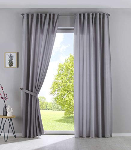 2er Set Vorhänge Verdeckte Schlaufen Cationic »JENA« HxB 145x140 cm Silber Blickdicht Leinen Optik Gardinen Meliert Gardinenband mit Raffhalter, 2019037-2