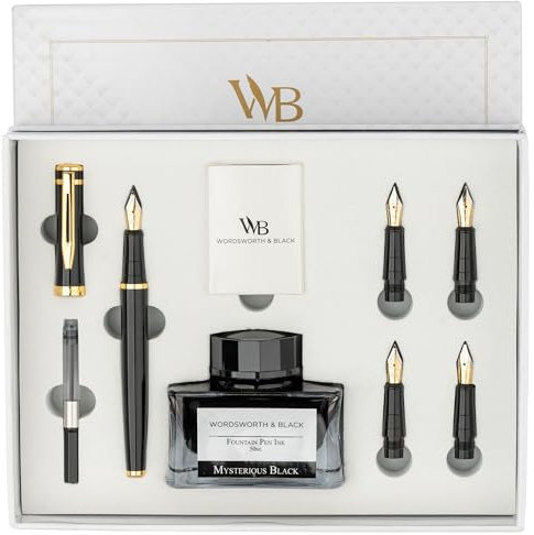 Wordsworth & Black Fountain Pen Gift Set, Includes Ink Bottle, 6 Ink Cartridges, A Refill Converter, 4 Replacement Nibs, Premium Package, Journaling, Calligraphy, Smooth Writing Pens [Black Gold]