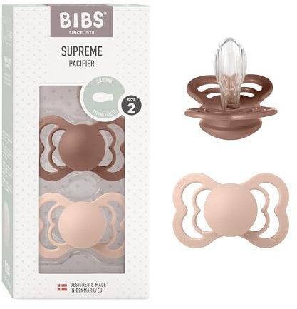 BIBS Supreme Schnuller 2er-Pack, BPA-frei, Symmetrischer Nippel. Silikon, Hergestellt in Dänemark. 6-18 Monate (2er Pack), Woodchuck/Blush