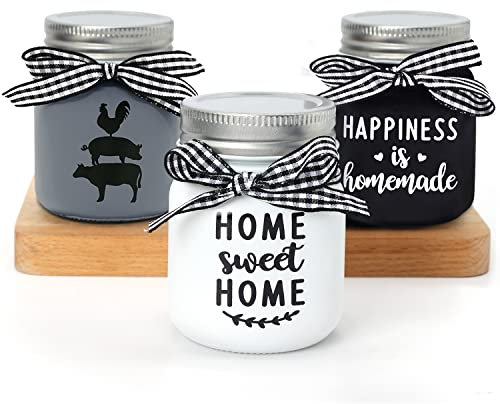 Farmhouse Mini Mason Jar Decorations for Tiered Tray Small Storage Jar with Lids for Home Kitchen Shelf Rustic Black White Farm Animal Home Sweet Happiness Homemade Housewarming Birthday Gift Set of 3