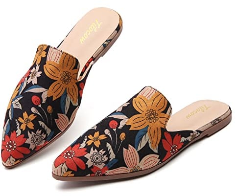 Tilocow Mules for Women Flats Pointed Toe Slip On Backless Loafers Flat Mule Business Casual Shoes Slides