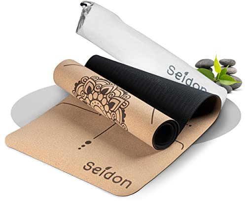 Seidon Yogamatte Kork | Trainingsmatte rutschfest | Nachhaltige Korkmatte schadstofffrei | Meditationsmatte + Hilfslinien + Tragetasche | 183x61x0,4cm