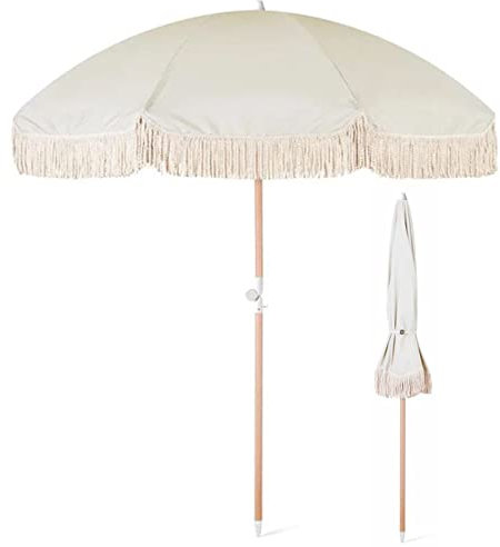 JJ Home Parasol de Plage avec Pompon Beige, Parasol de terrasse Portable, Parasol pour Jardin, Piscine, arrière-Cour, Bouton Poussoir inclinable, UPF50+ (Blanc Antique)