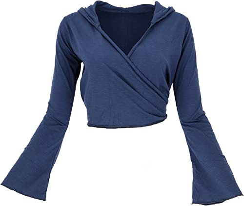GURU SHOP Wickeltop, Yogatop, Langarmshirt mit Trompetenärmeln - Blau, Damen, Baumwolle, Size:M/L