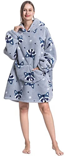 OAMENXI Übergroße Decke Hoodie tragbare Decke Sweatshirt für Damen und Herren Sherpa FLeece Riesen Kapuzenpullover mit Tasche, Waschbär, One size