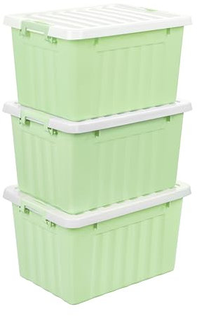 Cetomo 15L*3 Storage Boxes with Lids, Plastic Storage Bins with Latching Buckles, Click Closure, Stackable, Nesting, Organizer for Home Office Clothes, Green, 15L-3 Pack
