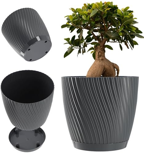 KADAX Maceta con plato, maceta de plástico con forma de onda tridimensional, maceta decorativa para flores, cactus y hierbas (15 cm, antracita)