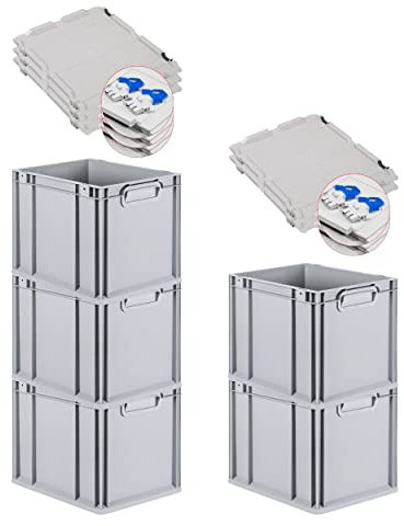 PROREGAL SuperSparSet 5x Eurobox NextGen Grip mit Scharnierdeckel und blauen Schiebeschnappverschlüssen, HxBxT 32x30x40cm, 30 L, Grau, Griffe geschlossen, Eurobehälter, Transportbox