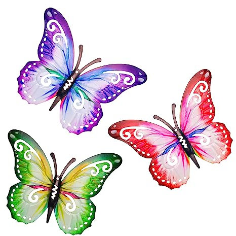 SUNNEKO 3 PCS Large Metal Butterfly Garden Ornaments Outdoor, Metal Wall Art Big Butterfly Decorations for Outside Garden Shed Fences Yard Decorations Wall Hanging