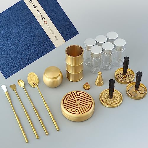 Kit de fabrication d'encens en laiton - 18 pièces - Brûleur d'encens chinois en bois d'agar - Avec poudre, tour à refoulement - Moules à cônes d'encens - Cuillère, presse, pelle, brosse, flacon