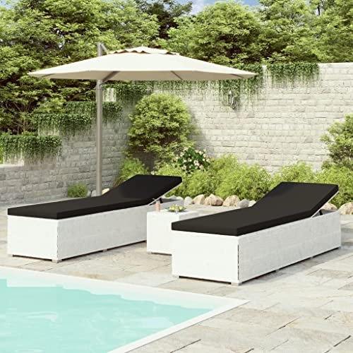 Youuihom Sonnenliegen, Liegestühle für den Rasen, Liegen für den Pool, 3-TLG. Garten-Sonnenliegen mit Teetisch Poly Rattan Weiß Geeignet für Terrassen, Balkone, Fitnessbereiche, Gärten, Schwimmbäder