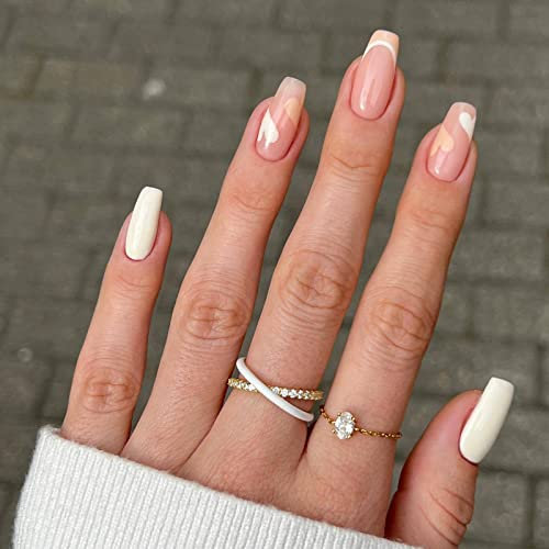 JUSTOTRY 24 Stück Orange French Nägel Zum Aufkleben Mittel mit Herz Motiv,Glossy Eckig Press on Nails,Nude Künstliche Nägel,Square Fingernägel Fake Nails für Frauen Nails Art