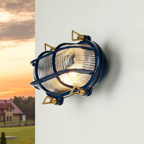 Licht-Erlebnisse Außenleuchte Messing Glas Blau IP64 Terrasse Balkon B:21 cm E27 bis 18 W Rustikal geriffelt Maritime Wandlampe Outdoor SKIATHOS