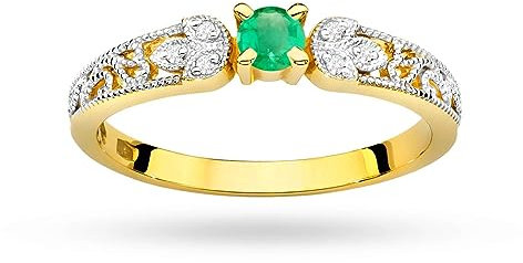 MARKO Damenring aus Gold mit 0,15 Karat Smaragd und 0,03 Karat Diamanten | 14 Karat Gold (585) | Goldring mit Box | Goldring für Frauen (Gelbgold, 53 (16.8))