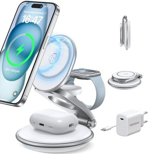 Mag-Safe Ladestation Für Apple Watch und iPhone: 3 in 1 Faltbar Kabelloses Ladegerät mit 30 W PD Adapter Kompatibel mit iPhone 16 15 14 13 12 Pro Max Plus, Travel Wireless Charger Für Air Pods