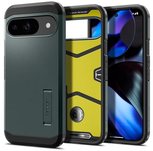 Spigen Tough Armor für Google Pixel 9 Pro/9 -Abyss Green | Integrierter Kickstand, Air Cushion Tech, Military-Grade Schutz