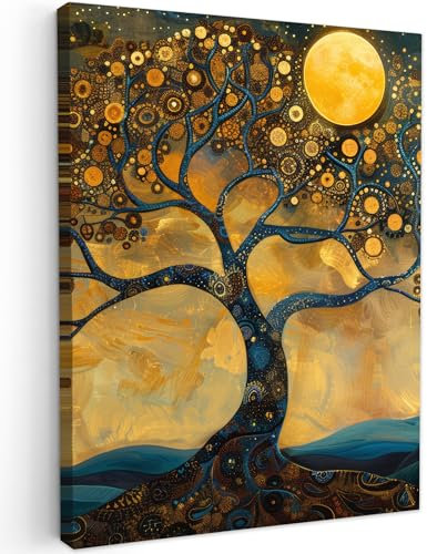 MuchoWow© Leinwand Bilder 60x80 cm Wanddeko Wohnzimmer Aesthetic Room Decor Deko Zimmer Wandbilder Modern Bild auf Leinwand Baum - Mond - Blumen - Gold - Kunst