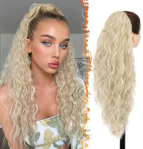 BARSDAR Pferdeschwanz Haarteil, 66cm Pferdeschwanz Haarverlängerung mit Kordelzug für Damen Lang Lockige Wellige Haarteil Extensions Synthetik Ponytail Extension - Asch Blond Gemischt